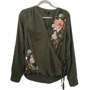 NEXT Olive Green Faux Wrap Blouse with Floral Embroidery